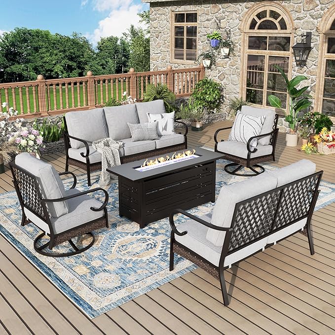 Patio Furniture Set with Firepit Table, Black Frame Outdoor Conversation Set with 2 x Swivel Chairs, 1 x 2-Seat Sofa, 1 x 3-Seat Sofa for Lawn Garden Backyard, Light Grey