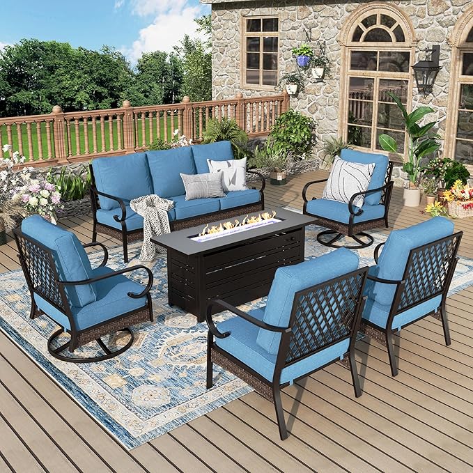Patio Furniture Set with Firepit Table, Black Frame Outdoor Conversation Set with 2 x Fixed Chairs, 2 x Swivel Chairs, 1 x 3-Seat Sofa for Lawn Garden Backyard, Navy Blue