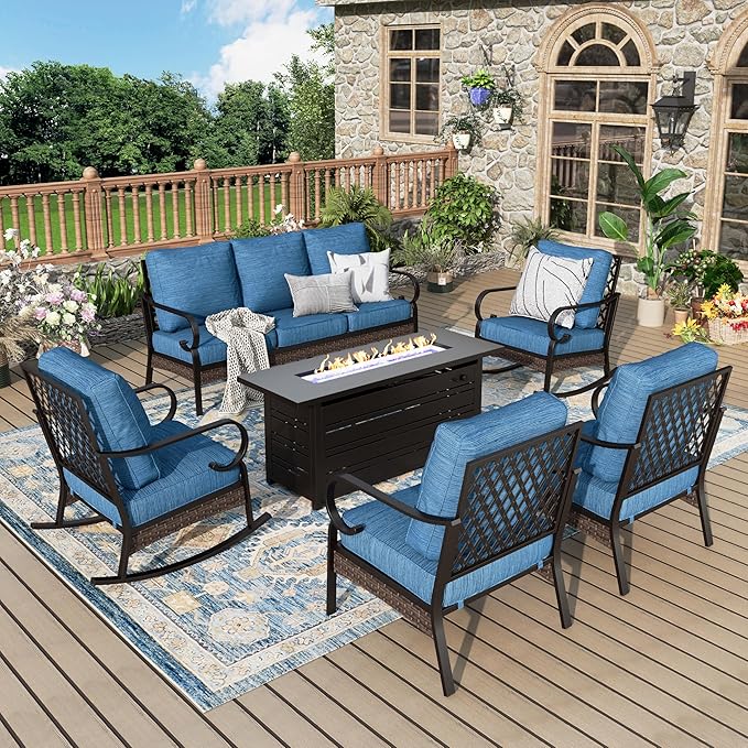 Patio Furniture Set with Firepit Table, Black Frame Outdoor Conversation Set with 2 x Fixed Chairs, 2 x Rocking Chairs, 1 x 3-Seat Sofa for Lawn Garden Backyard, Pacific Blue