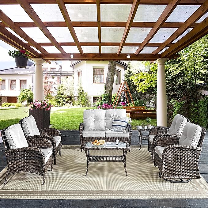 Belord 7 Piece Outdoor Patio Wicker Furniture Sets with Swivel Rocker Chairs, Rattan Loveseat Conversation Sets for Patio Deck Backyard Poolside, Beige Cushion