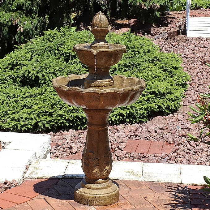 Sunnydaze Blooming Flower 38-Inch 2-Tier Outdoor Water Fountain with Electric Submersible Pump for Garden, Patio or Yard