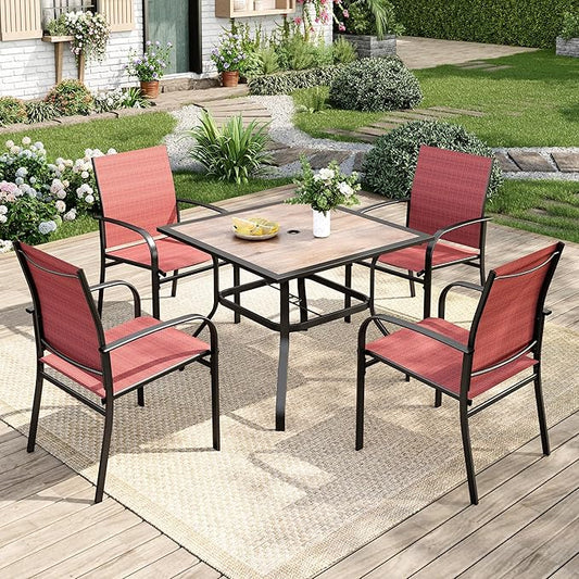 5 Pieces Patio Table and Chairs Set, 4 Person Outdoor Dining Furniture Set, 4 Red Textilene Chairs and 37" Wood-Like Table Top Table with Umbrella Hole, for Deck Backyard Lawn