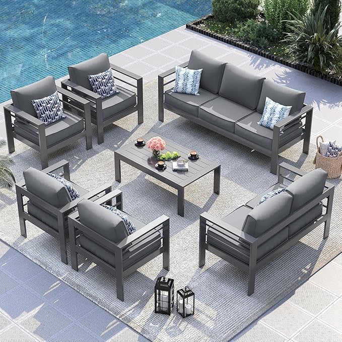 UDPATIO 10 Piece Aluminum Patio Furniture Set, Oversized Modern Outdoor Furniture Set with Olefin Fabric Cushion for Patio Deck Backyard, Dark Grey (with Waterproof Covers)