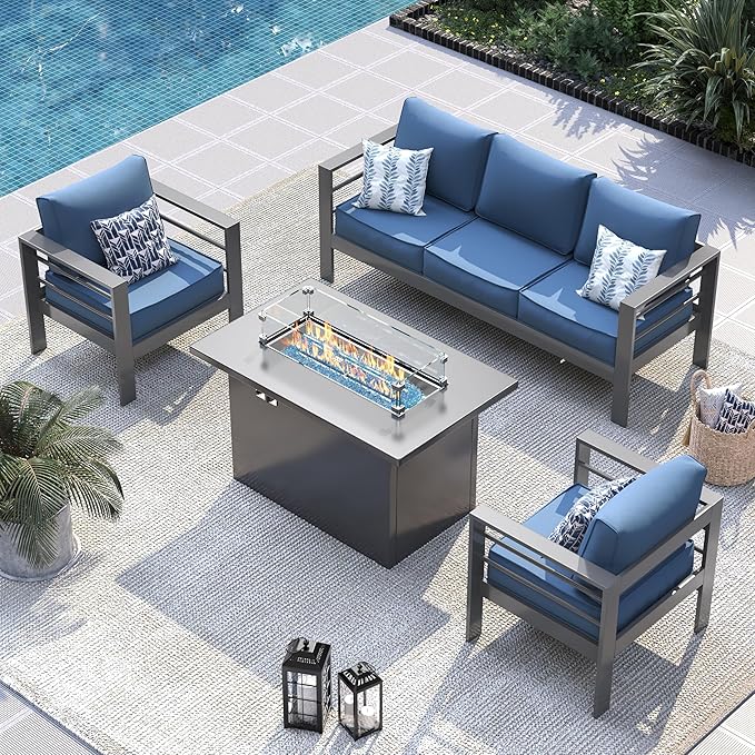 UDPATIO 8 Piece Aluminum Patio Furniture Set with Aluminum Fire Pit Table,Mordern Outdoor Furniture Set with Water-Proof Cover Included, Dark Grey/Navy
