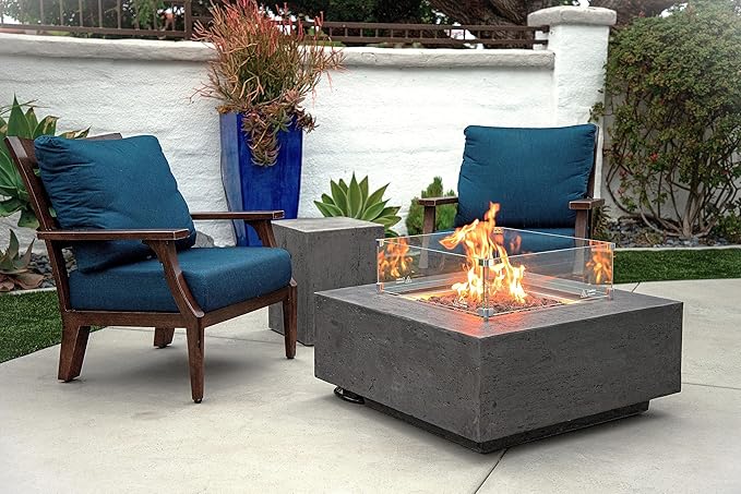 AMS Creations | Albany Square Propane Gas Outdoor Fire Pit Table | Concrete GFRC Fire Pit Table | with SS Lid, Canvas Cover, Lava Rock and Wind Guard Included (Fuel Type: Liquid Propane)