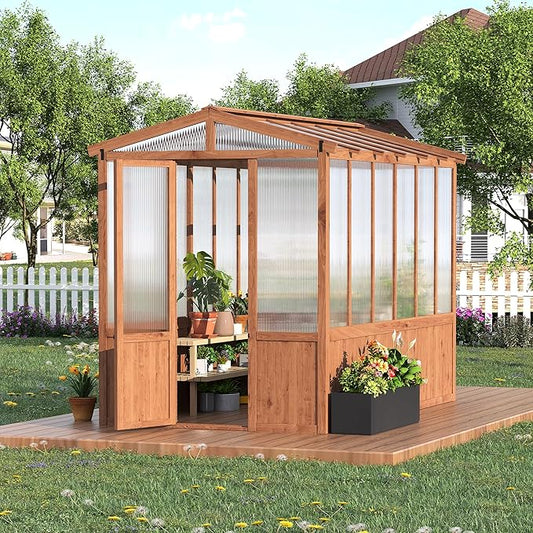 6x10FT Wooden Greenhouse with Cedar Frame, Outdoor Wood Greenhouses with Roof Vent, Wood and Polycarbonate Walk-in Greenhouse