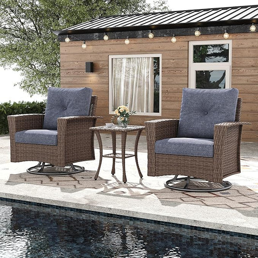 3 Pieces Outdoor Patio Furniture Set, Wicker Patio Sectional Set Conversation Wicker Swivel Chairs with Small Side Table