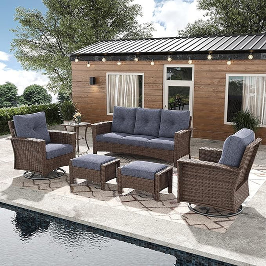 6 Pieces Outdoor Patio Furniture Set, Wicker Patio Sectional Set Conversation Wicker Swivel Chairs with Small Side Table