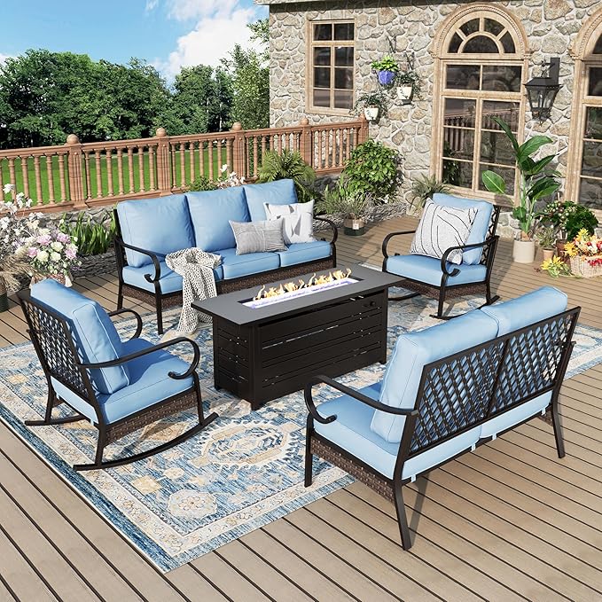 Patio Furniture Set with Firepit Table, Black Frame Outdoor Conversation Set with 2 x Rocking Chairs, 1 x 2-Seat Sofa, 1 x 3-Seat Sofa for Lawn Garden Backyard, Blue
