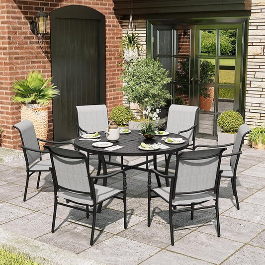 Patio Table and Chairs Set, 7 Pieces Patio Dining Set with 6 Textilene Chairs, and Round Outdoor Dining Table with Umbrella Hole for Garden Lawn Porch and Backyard Poolside, Grey
