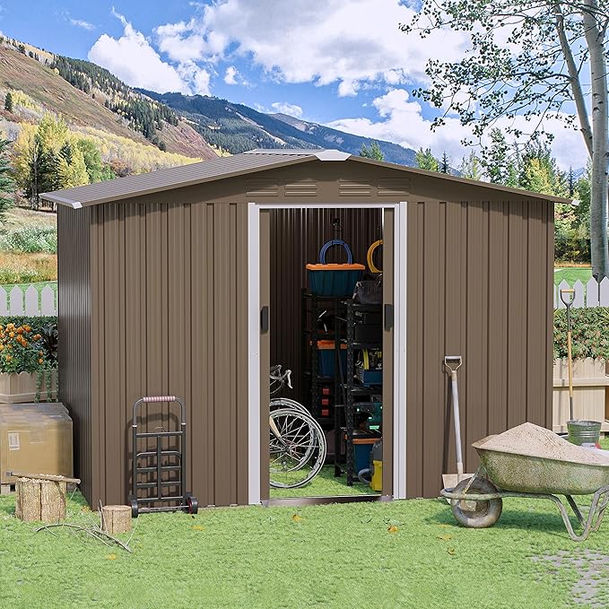 8FT x 6FT Outdoor Storage Shed, Waterproof, Lockable Door Metal Tool Shed with Sliding Door and Air Vents, Storage House for Gardening Tools, Metal Storage Shed for Garden, Backyard, Lawn