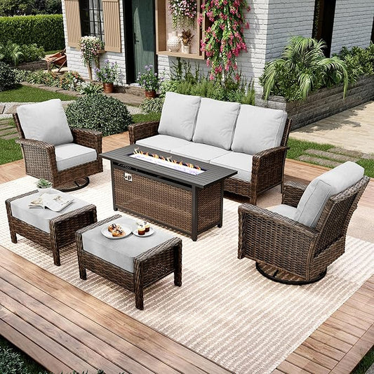 6-Piece Wicker Patio Furniture Set with Swivel Chairs, High Back Outdoor Furniture with Fire Pit Table and Ottoman, All-Weather Wicker Patio Conversation Set for Deck Yard Pool, Grey