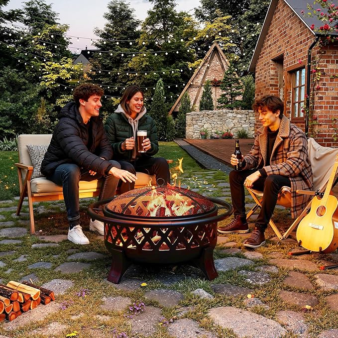 37 Inch Outdoor Fire Pit with Poker, Wood Burning Fire Pit with Spark Screen Cover, Firepits for Outside Backyard, Patio, Camping