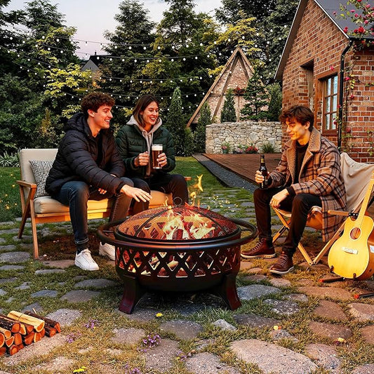 37 Inch Outdoor Fire Pit with Poker, Wood Burning Fire Pit with Spark Screen Cover, Firepits for Outside Backyard, Patio, Camping