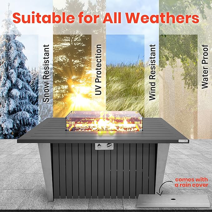SereneLife 52 Inch Gas Fire Pit Table, 50,000 BTU Propane Pits for Outside with Steel Lid and Lava Rock, 2 in 1 Firepit Table Gatherings Parties on Patio Deck Garden Backyard