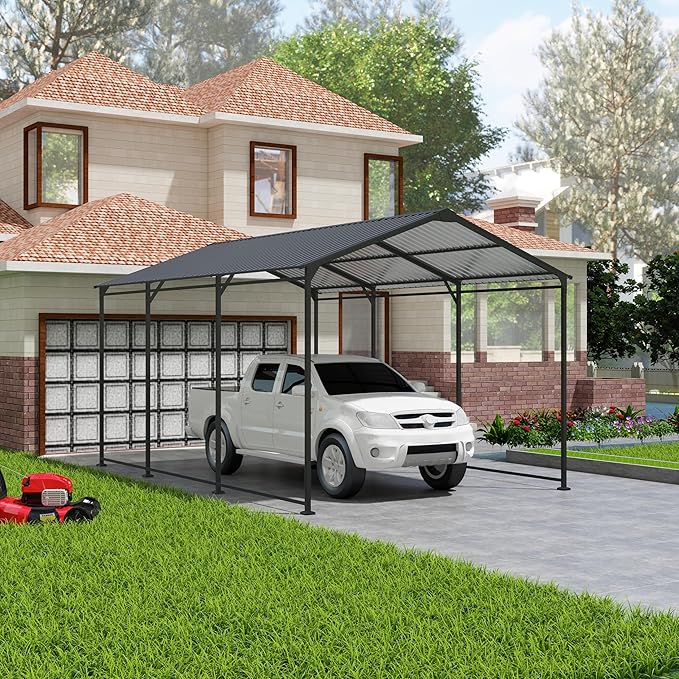 Ball & Cast 10x15 FT Carport with Galvanized Steel Roof, Heavy Duty Metal Carport Canopy, Metal Car Shelter Outdoor Storage Shed for Car, Boats, Truck,Gray