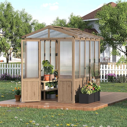 6x8FT Wooden Greenhouse with Cedar Frame, Outdoor Wood Greenhouses with Roof Vent, Wood and Polycarbonate Walk-in Greenhouse