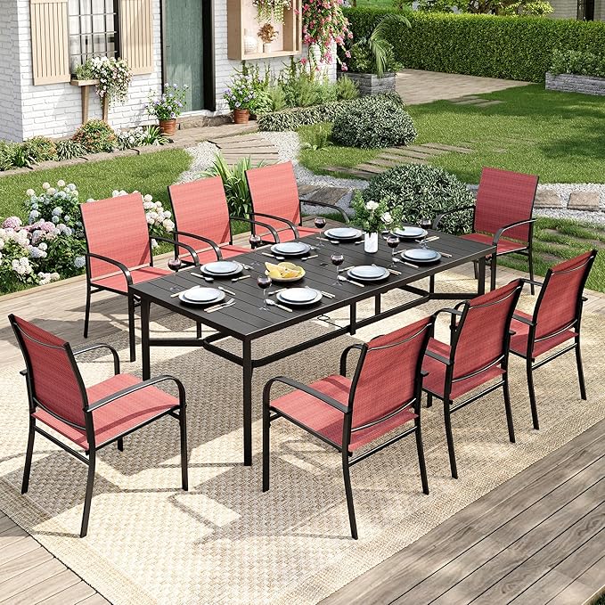 9 Pieces Patio Table and Chairs Set, Patio Dining Set for 8, 8 Red Textilene Chairs and 1 83” Rectangular Patio Dining Table with Umbrella Hole, for Deck Backyard Lawn Poolside