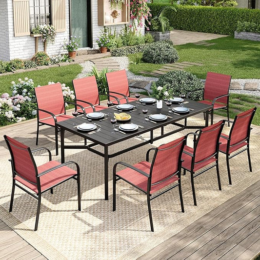 9 Pieces Patio Table and Chairs Set, Patio Dining Set for 8, 8 Red Textilene Chairs and 1 83” Rectangular Patio Dining Table with Umbrella Hole, for Deck Backyard Lawn Poolside