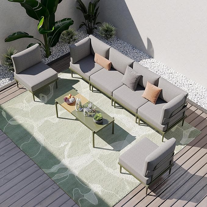 Sundale Outdoor 7 Pieces Metal Patio Furniture Set, Outdoor Sectional Sofa w/6 Inch Olefin Cushion and Coffee Table, Modern Outdoor Conversation Sets (6 Seats, Green Frame)