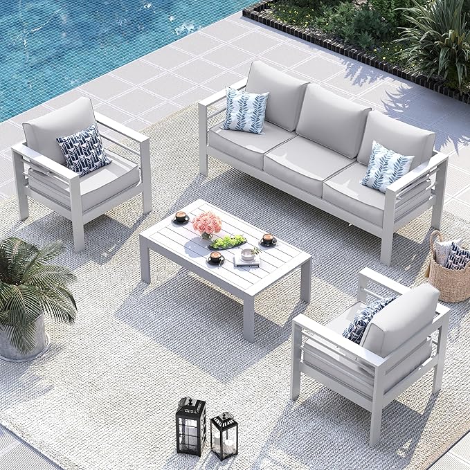 UDPATIO 6 Piece Aluminum Patio Furniture Set, Oversized Modern Outdoor Furniture Set with Olefin Fabric Cushion for Patio Deck Backyard, White(with Waterproof Covers)