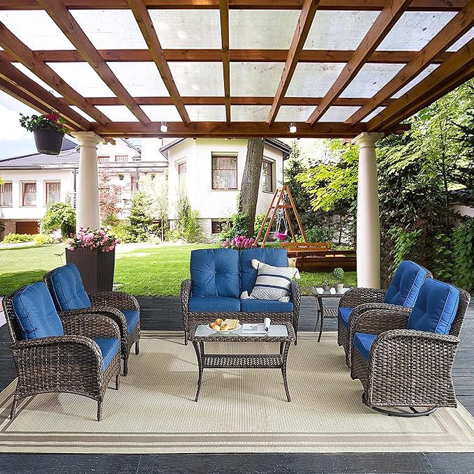 Belord 7 Piece Outdoor Patio Wicker Furniture Sets with Swivel Rocker Chairs, Rattan Loveseat Conversation Sets for Patio Deck Backyard Poolside, Blue Cushion