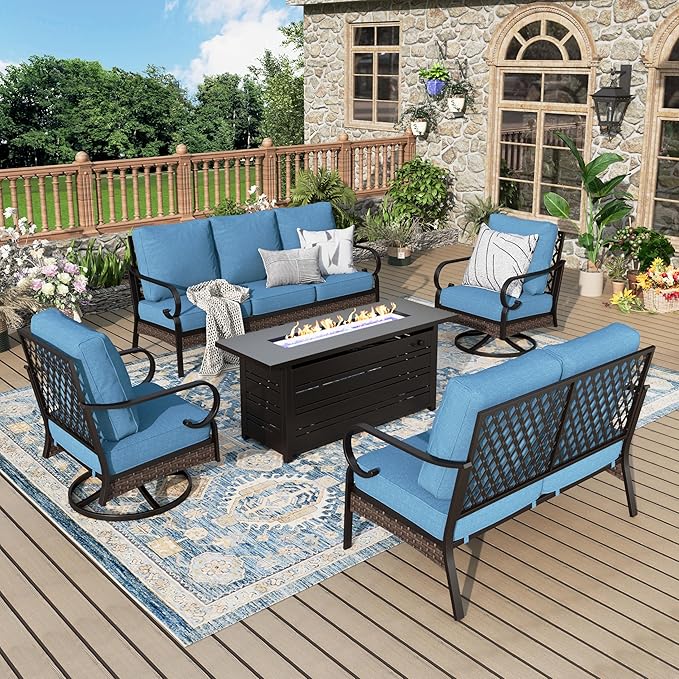 Patio Furniture Set with Firepit Table, Black Frame Outdoor Conversation Set with 2 x Swivel Chairs, 1 x 2-Seat Sofa, 1 x 3-Seat Sofa for Lawn Garden Backyard, Navy Blue