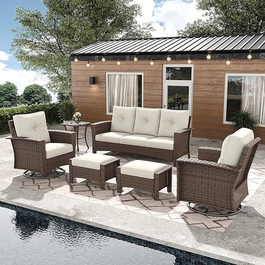 6 Pieces Outdoor Patio Furniture Set, Wicker Patio Sectional Set Conversation Wicker Swivel Chairs with Small Side Table