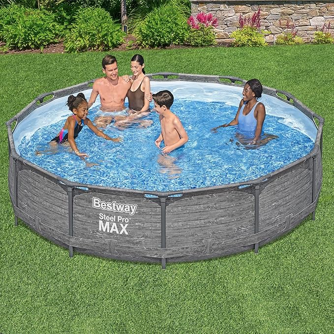 Bestway Steel Pro MAX 12' x 30" Round Above Ground Swimming Pool Set Outdoor Metal Frame Family Pool with Liner and Filter Pump, Gray