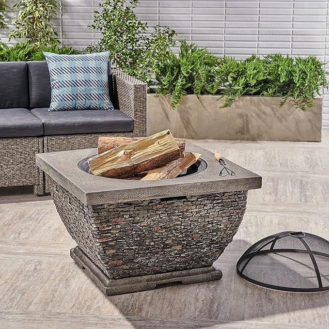32 Inch Outdoor Fire Pit Table, Wood Burning Fire Pit for Patio with Spark Screen, Fire Poker, MGO Light-Weight Concrete Square Firepit for Camping, Garden, Backyard, Gray