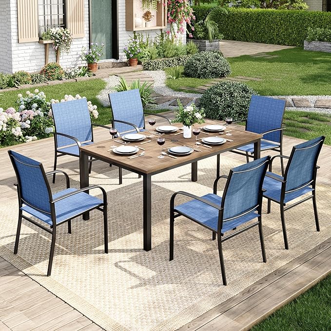 7 Pieces Patio Table and Chairs Set, Patio Dining Set for 6, 6 Textilene Chairs and 1 Wood-Like Rectangle Steel Table with Umbrella Hole, for Deck Backyard Lawn Poolside, Blue