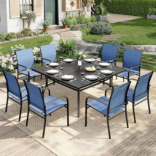 9 Pieces Patio Table and Chairs Set, Patio Dining Set for 8, 8 Blue Textilene Chairs and 1 Large Square Patio Dining Table with Umbrella Hole, for Deck Backyard Lawn Poolside