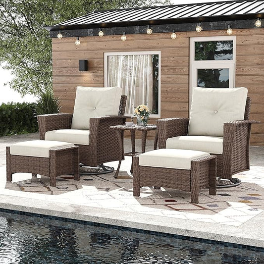 5 Pieces Outdoor Patio Furniture Set, Wicker Patio Sectional Set Conversation Wicker Swivel Chairs with Small Side Table