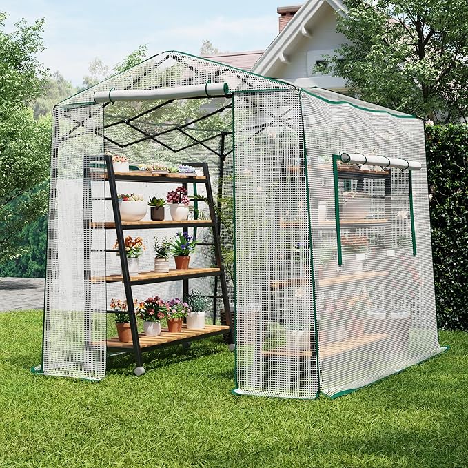 8.7x6.6x7 ft Walk-in Greenhouse, Portable Plant Hot House with Zipper Windows & Doors, PE Cover & Steel Frame, for Garden, Backyard