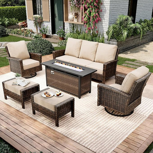 6-Piece Wicker Patio Furniture Set with Swivel Chairs, High Back Outdoor Furniture with 57'' Fire Pit Table and Ottoman, All-Weather Wicker Patio Conversation Set for Deck Yard Pool, Beige