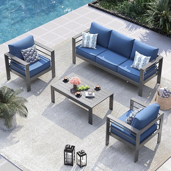 UDPATIO 6 Piece Aluminum Patio Furniture Set, Oversized Modern Outdoor Furniture Set with Olefin Fabric Cushion for Patio Deck Backyard, Dark Grey/Navy(with Waterproof Covers)