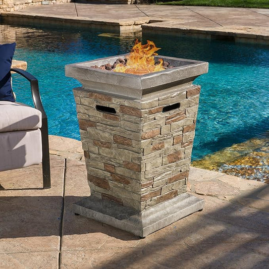 Propane Fire Pit Table, 19.5" MGO Firepits for Outside, Column Gas Fire Pit for Outside Patio, Propane Fire Table with Lava Rocks for Patio, Backyard, 40,000 BTU,Tank Inside, Stone Gray