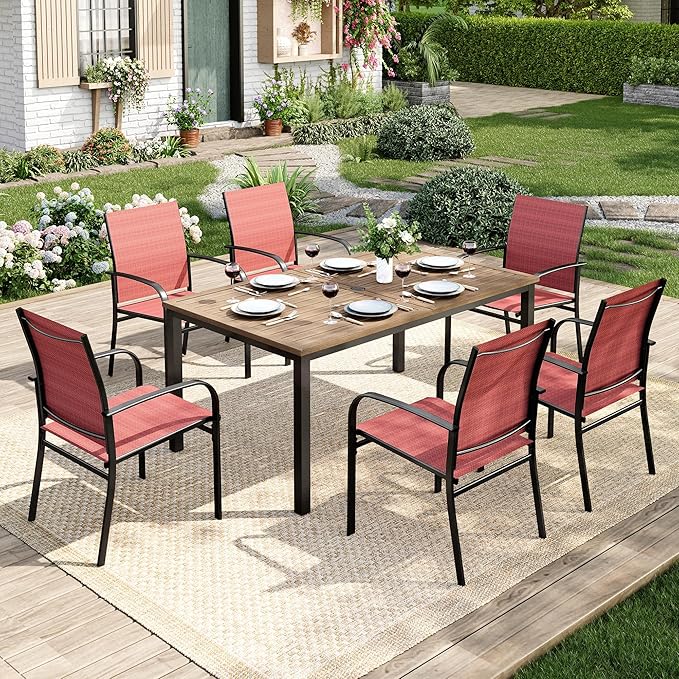 7 Pieces Patio Table and Chairs Set, Patio Dining Set for 6, 6 Textilene Chairs and 1 Wood-Like Rectangle Steel Table with Umbrella Hole, for Deck Backyard Lawn Poolside, Red