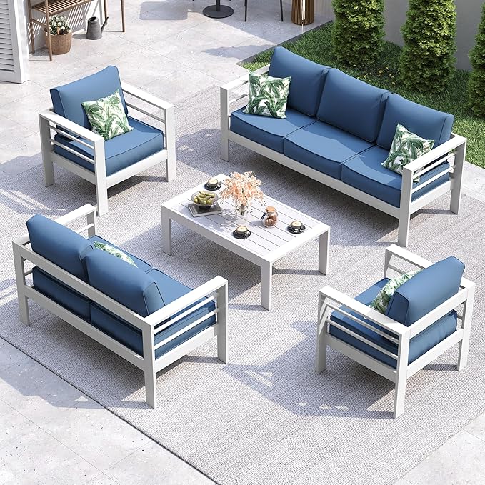 UDPATIO 8 Piece Aluminum Patio Furniture Set, Oversized Modern Outdoor Furniture Set with Olefin Fabric Cushion for Patio Deck Backyard, White/Navy(with Waterproof Covers)