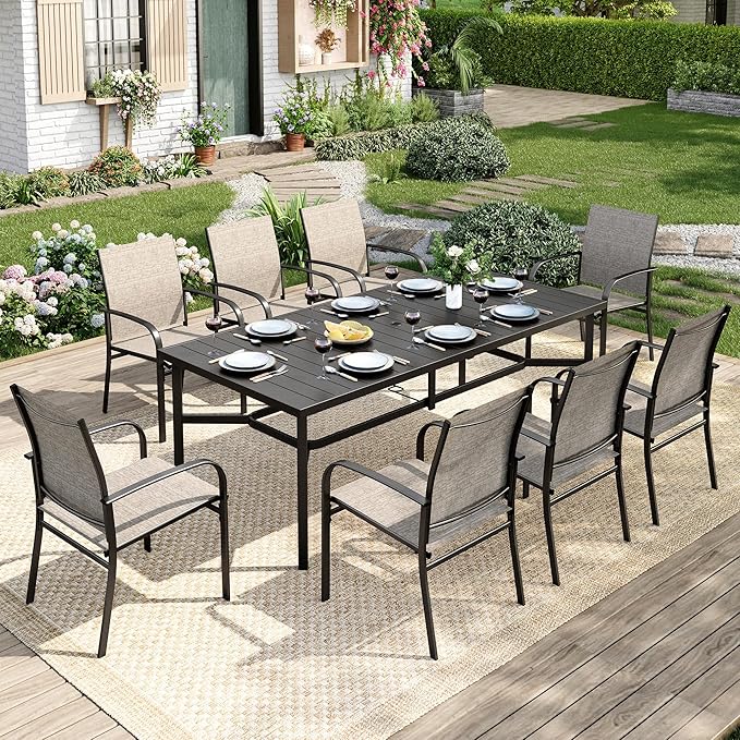 9 Pieces Patio Table and Chairs Set, Patio Dining Set for 8, 8 Brown Textilene Chairs and 1 83” Rectangular Patio Dining Table with Umbrella Hole, for Deck Backyard Lawn Poolside