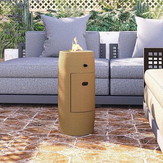 HOMPUS Propane Patio Fire Pit, Lava Rocks and Rain Cover for Outdoor Leisure Party,15,000 BTU 11-inch Round Column Small and Portable Concrete Gas Apricot Fire Pit for Deck or Backyard, CSA Certified