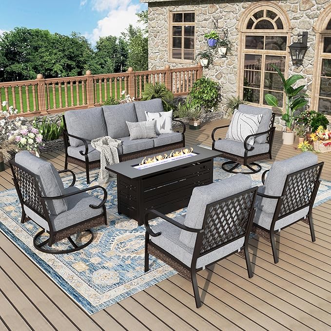 Patio Furniture Set with Firepit Table, Black Frame Outdoor Conversation Set with 2 x Fixed Chairs, 2 x Swivel Chairs, 1 x 3-Seat Sofa for Lawn Garden Backyard, Grey