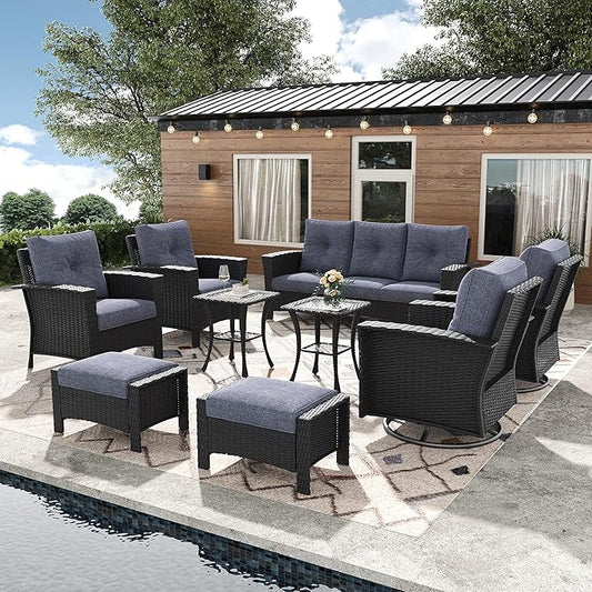 9 Pieces Outdoor Patio Furniture Set, Wicker Patio Sectional Set Conversation Wicker Swivel Chairs with Small Side Table