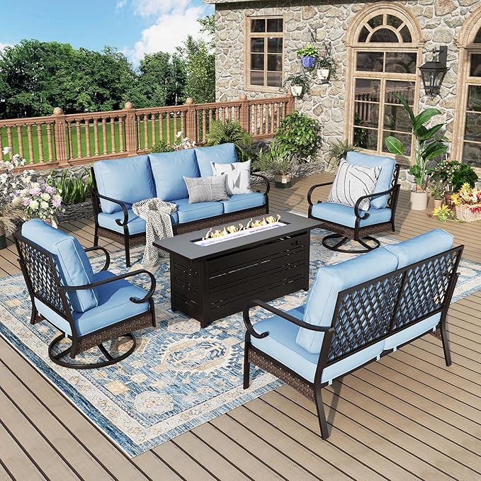 Patio Furniture Set with Firepit Table, Black Frame Outdoor Conversation Set with 2 x Swivel Chairs, 1 x 2-Seat Sofa, 1 x 3-Seat Sofa for Lawn Garden Backyard, Blue