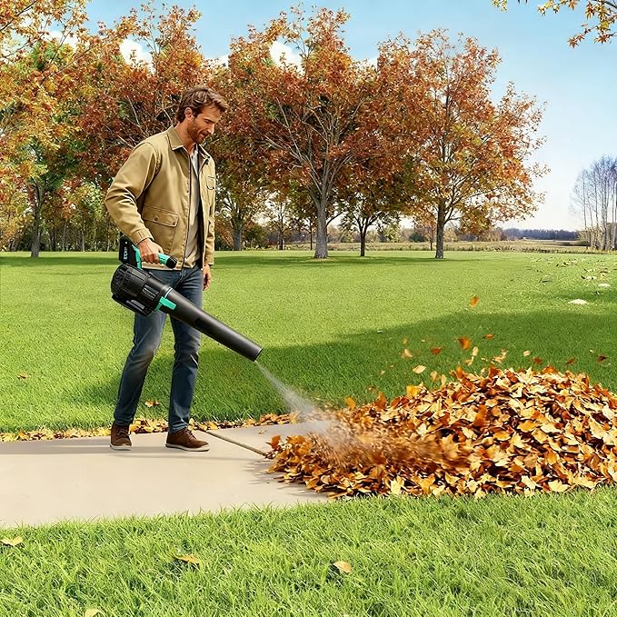 Leaf Blower Cordless - 20V Electric Leaf Blower 350CFM & 2 Speed Modes with Charger, 1 * 4.0Ah Lightweight Battery Powered, Leaf Blowers for Lawn Care, Blowing Leaves, Patio, Dust (Black & Turq 1)