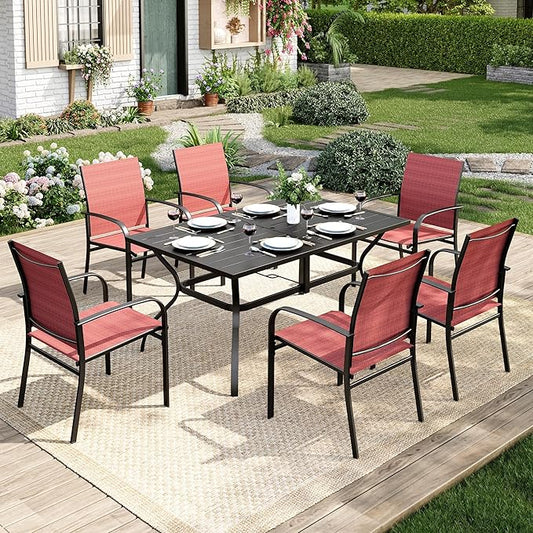 Patio Table and Chairs Set, Patio Dining Sets for 6 with Red Chairs and Metal Rectangular Table, 7-Piece Patio Furniture Set for Deck Backyard Poolside