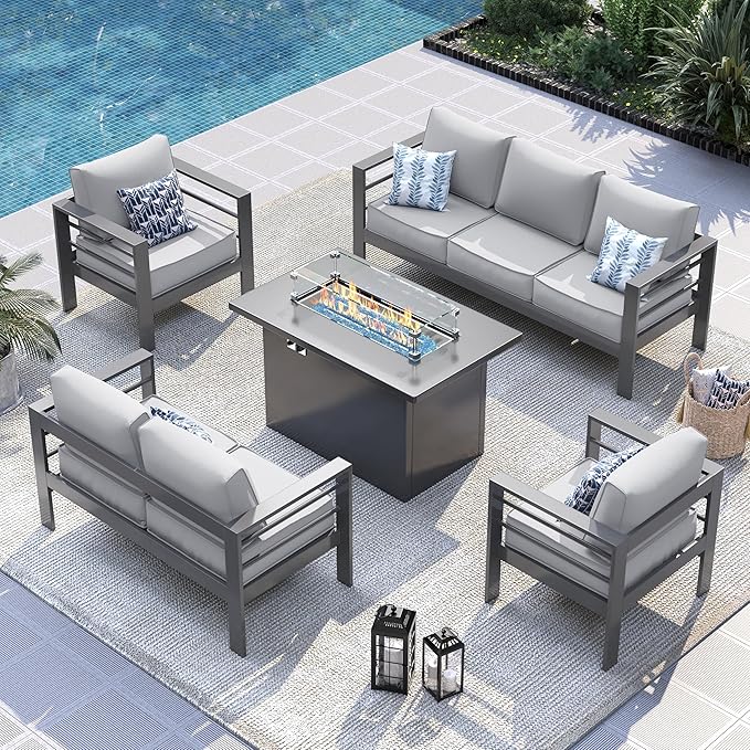 UDPATIO 6 Piece Aluminum Patio Furniture Set with Aluminum Fire Pit Table,Mordern Outdoor Furniture Set with Water-Proof Cover Included, Grey