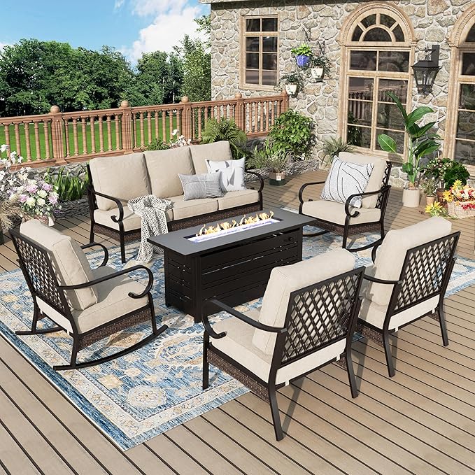 Patio Furniture Set with Firepit Table, Black Frame Outdoor Conversation Set with 2 x Fixed Chairs, 2 x Rocking Chairs, 1 x 3-Seat Sofa for Lawn Garden Backyard, Beige