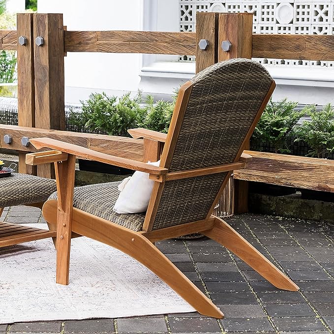 Cambridge Casual Auburn Teak Wood Padded Woven Seat Patio Lounge Conversation Set, Adirondack Chair + Ottoman