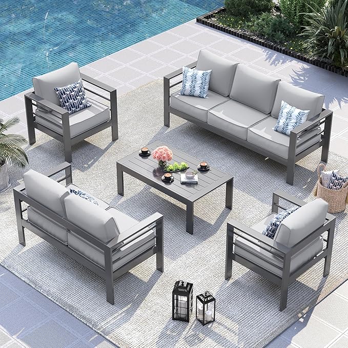 UDPATIO 8 Piece Aluminum Patio Furniture Set, Oversized Modern Outdoor Furniture Set with Olefin Fabric Cushion for Patio Deck Backyard, Grey(with Waterproof Covers)